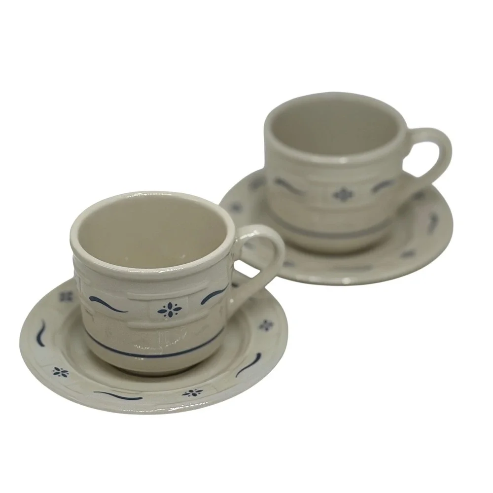 Longaberger Pottery Woven Traditions Tea Cup Saucer Heritage Blue Set‎ of 2 VTG